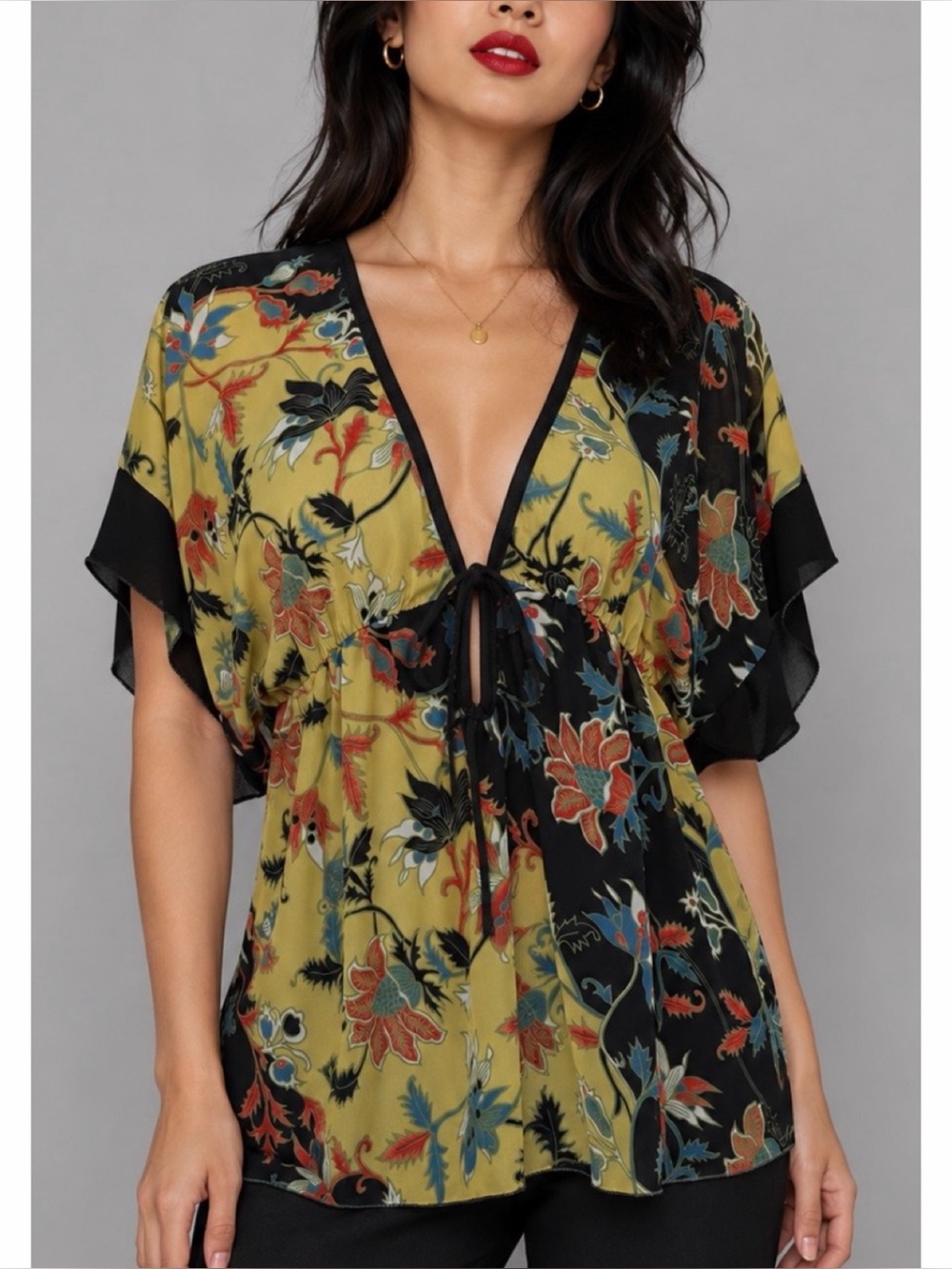 (VTG) JULIE’S CLOSET • Y2K Floral Deep V-Neck Tie-Front Semi-Sheer Blouse, M